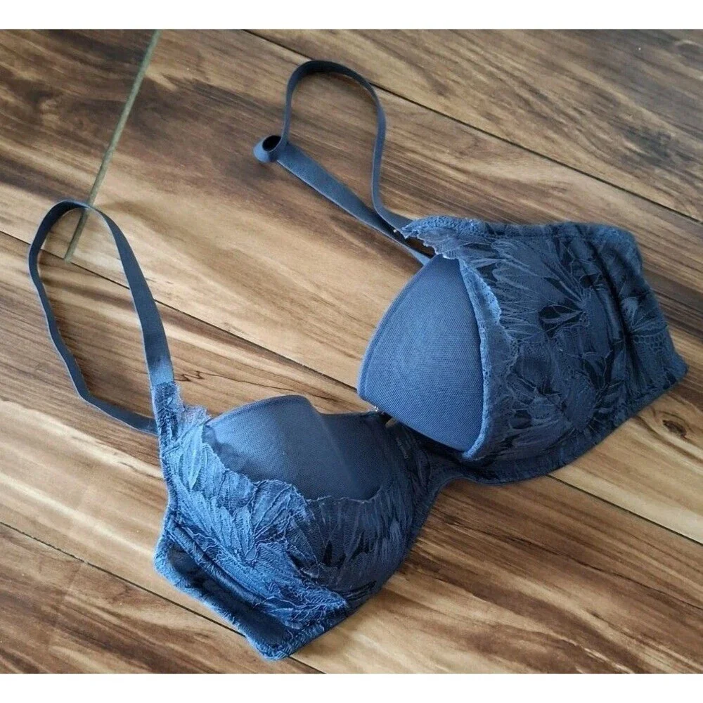 ThirdLove Petal Lace Demi Bra Size 32E Slate Blue Lace Overlay Underwire